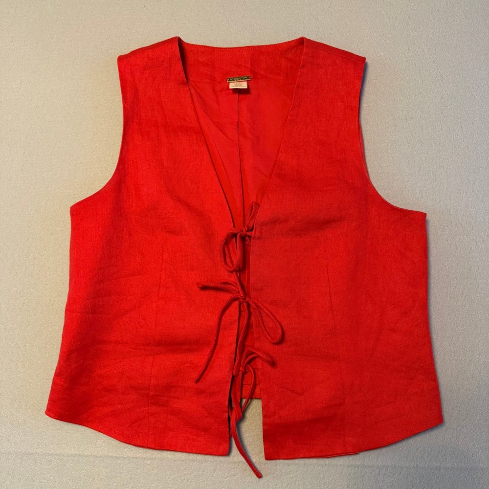 Magaschoni Linen Tie Front Waistcoat Vest Red Sleeveless Women Size S/P